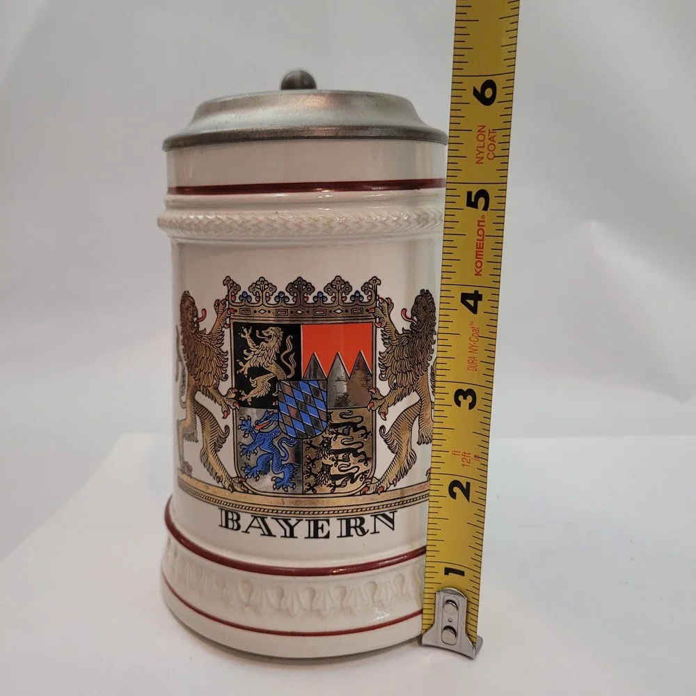 Gerz Beer Stein Bayern Bavaria Coat of Arms Lions Pewter Lid West Germany 6in